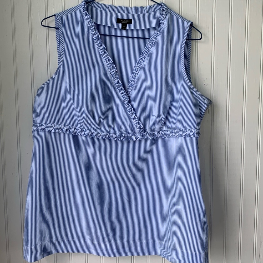 Talbots (Size 10) Pinstripe Blue & White Sleeveless with Split Neck; Pullover